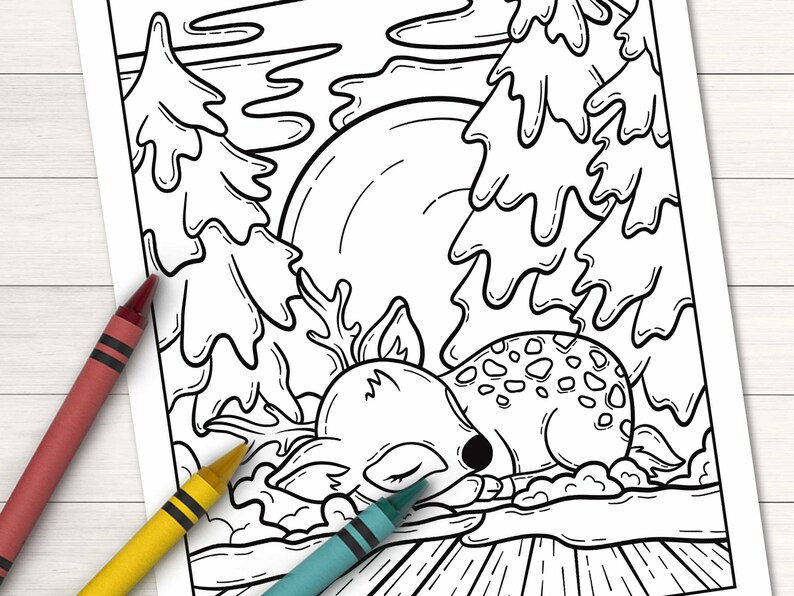 May include: A black and white line drawing of a deer sleeping in a forest setting. The deer is lying on its side with its head resting on its paws. There are trees and a large sun in the background.