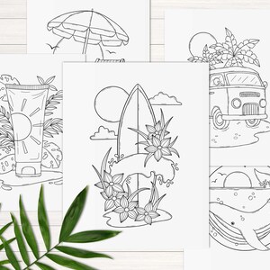 May include: Four black and white coloring pages featuring summer themes. The first page shows a beach umbrella, the second page shows a tube of sunscreen with tropical leaves, the third page shows a surfboard with flowers, and the fourth page shows a van with palm trees and a whale.