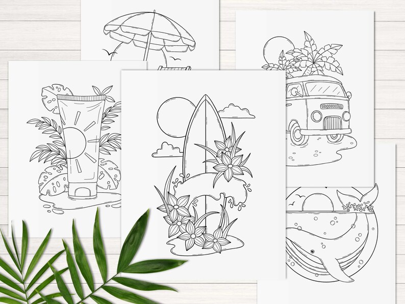 May include: Four black and white coloring pages featuring summer themes. The first page shows a beach umbrella, the second page shows a tube of sunscreen with tropical leaves, the third page shows a surfboard with flowers, and the fourth page shows a van with palm trees and a whale.