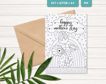 Glad mors dag-kort, minimalistiskt mors dag-kort, blommig målarbok, gör-det-själv-present till mamma, utskrivbar aktivitet för barn, digital nedladdning