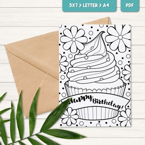 Carte d'anniversaire à colorier pour enfants, carte de voeux imprimable joyeux anniversaire, carte d'anniversaire à colorier cupcake, cadeau d'anniversaire à imprimer pour les enfants