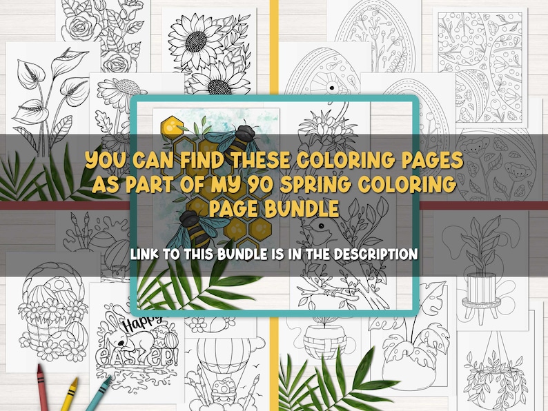 Puede incluir: Una colecci&oacute;n de 90 p&aacute;ginas para colorear en blanco y negro con tem&aacute;tica primaveral. Las p&aacute;ginas presentan im&aacute;genes de flores, p&aacute;jaros, abejas y otras im&aacute;genes primaverales. El texto "YOU CAN FIND THESE COLORING PAGES AS PART OF MY 90 SPRING COLORING PAGE BUNDLE" se muestra en el centro de la imagen. El texto "LINK TO THIS BUNDLE IS IN THE DESCRIPTION" se muestra debajo del texto.