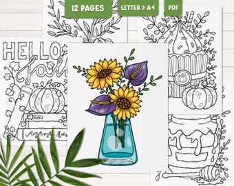 Dibujos de otoño para colorear para adultos, Libro para colorear de otoño, Dibujos de calabazas para colorear imprimibles, Dibujos para colorear para adolescentes, Hojas de actividades para adultos