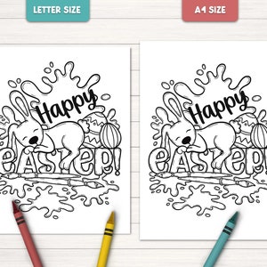Puede incluir: Una p&aacute;gina para colorear en blanco y negro con un conejo durmiendo sobre la palabra "Easter" con salpicaduras de pintura y pinceles alrededor. El texto "Happy Easter!" est&aacute; escrito sobre el conejo.