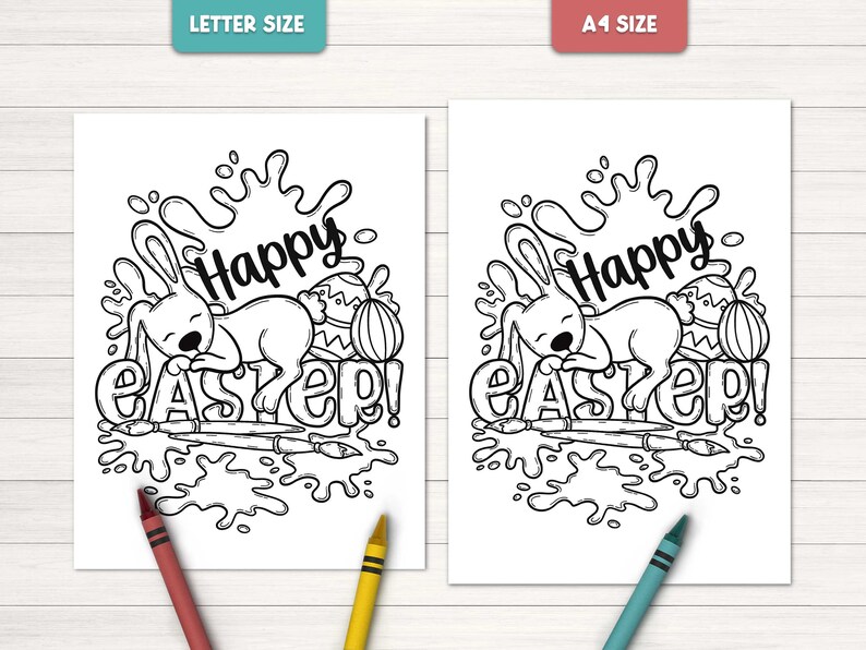 Puede incluir: Una p&aacute;gina para colorear en blanco y negro con un conejo durmiendo sobre la palabra "Easter" con salpicaduras de pintura y pinceles alrededor. El texto "Happy Easter!" est&aacute; escrito sobre el conejo.