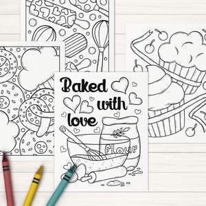 May include: Four black and white coloring pages featuring baking themed illustrations. The first page shows a variety of donuts, pretzels, and clouds. The second page shows a whisk, a rolling pin, a bowl of flour, and a rolling pin. The third page shows a cupcake with a cherry on top. The fourth page shows a variety of baking tools and ingredients.