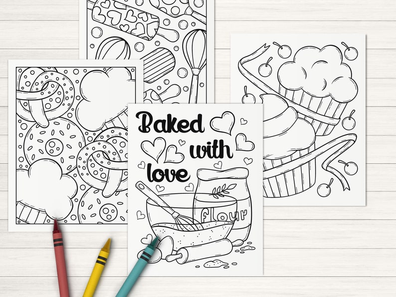 May include: Four black and white coloring pages featuring baking themed illustrations. The first page shows a variety of donuts, pretzels, and clouds. The second page shows a whisk, a rolling pin, a bowl of flour, and a rolling pin. The third page shows a cupcake with a cherry on top. The fourth page shows a variety of baking tools and ingredients.