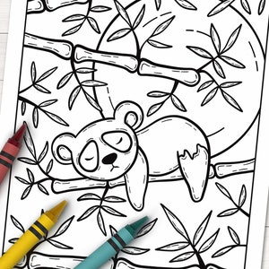 May include: A black and white line drawing of a panda bear sleeping in a bamboo tree. The panda is curled up with its eyes closed. The bamboo tree is drawn with many branches and leaves.
