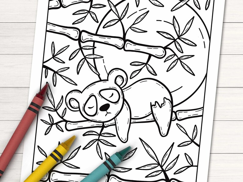 May include: A black and white line drawing of a panda bear sleeping in a bamboo tree. The panda is curled up with its eyes closed. The bamboo tree is drawn with many branches and leaves.