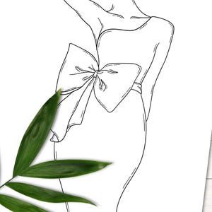 Op de afbeelding: Lijntekening van een persoon die een jurk draagt met een grote strik in de taille.