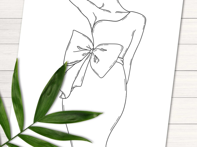Op de afbeelding: Lijntekening van een persoon die een jurk draagt met een grote strik in de taille.