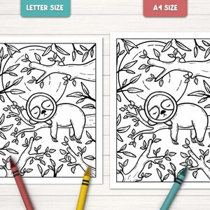 May include: Black and white line art coloring page featuring a sloth sleeping in a tree. The sloth is surrounded by leaves and branches. The coloring page is available in letter and A1 sizes.