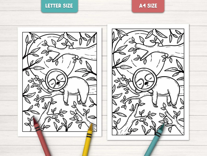 May include: Black and white line art coloring page featuring a sloth sleeping in a tree. The sloth is surrounded by leaves and branches. The coloring page is available in letter and A1 sizes.