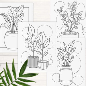 Puede incluir: Cuatro dibujos en blanco y negro de plantas en maceta. Cada dibujo presenta una planta diferente con formas y tama&ntilde;os de hojas variados. Las plantas est&aacute;n en macetas diferentes, algunas con un dise&ntilde;o simple y otras con un patr&oacute;n m&aacute;s complejo.