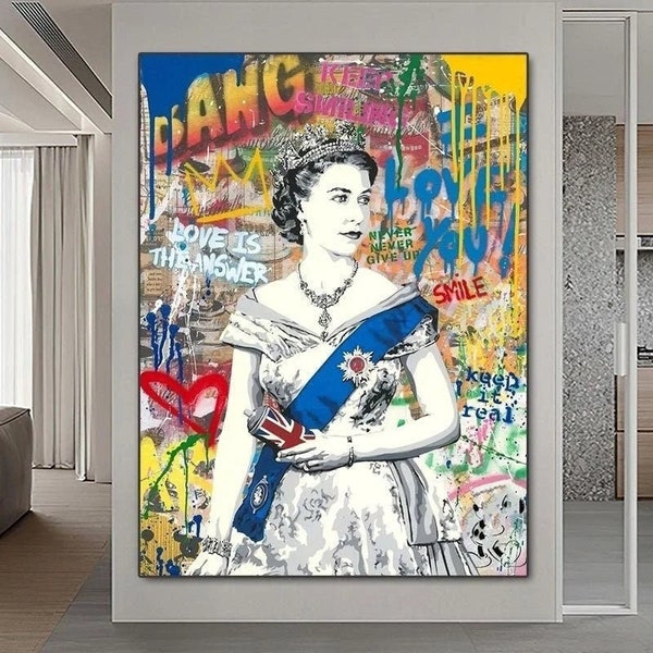 Regal Reign: Queen Elizabeth II Gehirnwäsche Pop Art Leinwand Gemälde - Eine zum Nachdenken anregende Ergänzung zu Ihrem Wohnzimmer oder Home Office Wandkunst