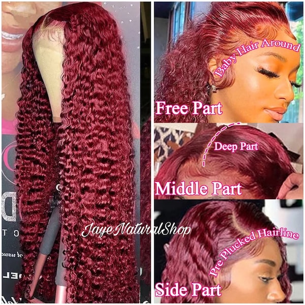 Jaye 13x4 Lace Frontal Wig 180 density 99j burgundy Brazilian Curly Wavy Transparent Lace Front Human Hair Wigs