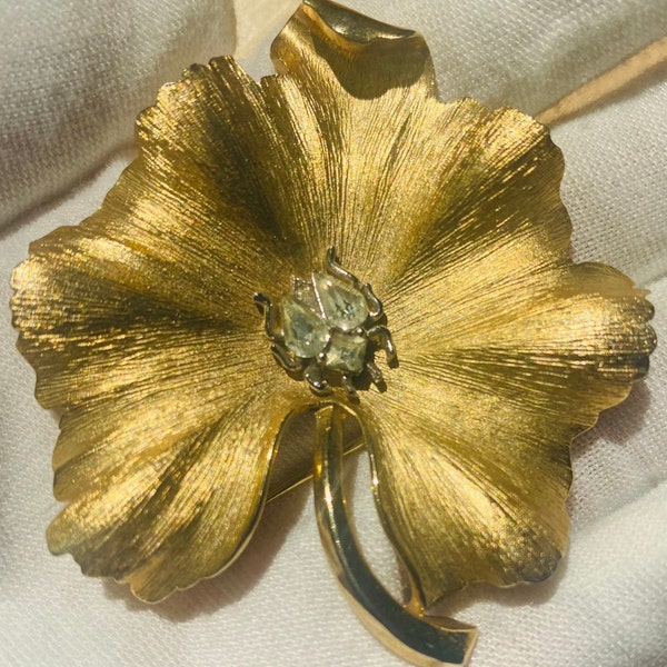 CROWN TRIFARI Signed 1960s by Alfred Phillipe Brushed Gold Brooch, Leaf Motif, Clear Crystal Bug Center