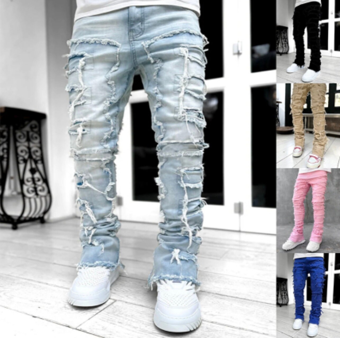 Fashion Street Style Ripped Skinny Jeans Men Vintage Slim Fit Pencil Denim  Pant