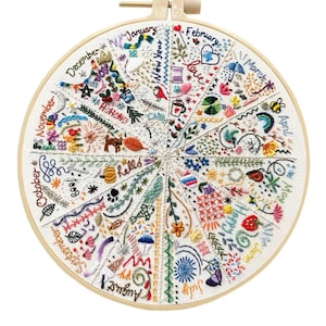 May include: A circular embroidery hoop featuring a detailed, colorful hand-stitched design. The artwork is divided into twelve sections, each representing a month of the year, with various embroidered motifs and text. The hoop is made of light-colored wood.
