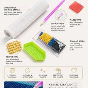 May include: A diamond painting kit containing a rolled white canvas, a pink diamond pen, a red wax square, a green plastic tray, and bags of yellow and black diamond beads. Text includes EVERYTHING YOU NEED, ALL IN ONE KIT, and CREATE. RELAX. ENJOY.