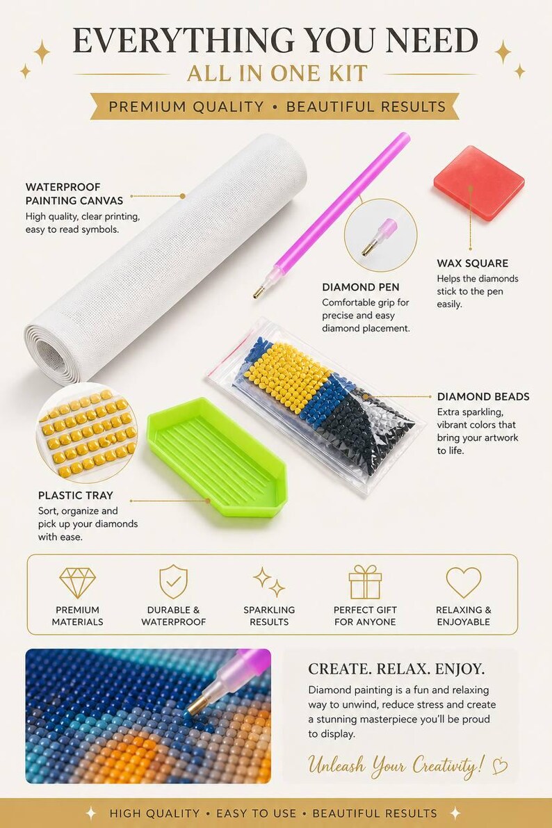 May include: A diamond painting kit containing a rolled white canvas, a pink diamond pen, a red wax square, a green plastic tray, and bags of yellow and black diamond beads. Text includes EVERYTHING YOU NEED, ALL IN ONE KIT, and CREATE. RELAX. ENJOY.