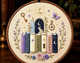 Kit de bordado Libros Mágicos para Principiantes – Patrón de bordado a mano de fantasía acogedora. Luna, Libros y Llave / Patrón soluble en agua. Kit de manualidades DIY.