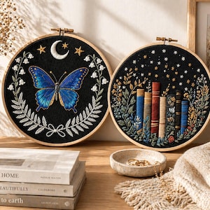 Set of 2 Embroidery Kits – Butterfly & Books, Dark Academia DIY Kit, Beginner Friendly Embroidery Set, Aesthetic Home Decor Gift