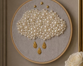 Kit de bordado Nube de Perlas para principiantes / Kit de bordado con cuentas fácil de hacer / Decoración de pared neutra y acogedora / Regalo artesanal relajante / Aro de 15 cm