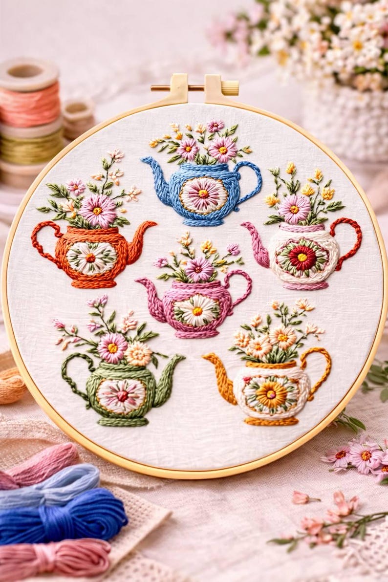 Puede incluir: Un bastidor de bordado circular de madera que contiene tela blanca con seis teteras bordadas a mano en azul, naranja, rosa, blanco, verde y amarillo. Cada tetera presenta un motivo floral central y est&aacute; llena de varias flores bordadas.
