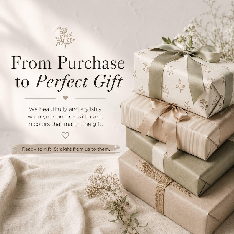 May include: A stack of four rectangular gift boxes wrapped in neutral-toned paper, including floral, striped, and solid textures, tied with satin and jute ribbons. The image features text: From Purchase to Perfect Gift. We beautifully and stylishly wrap your order - with care, in colors that match the gift. Ready to gift. Straight from us to them.