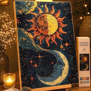 Diamantmålningsset med sol och måne – Celestial DIY-diamantkonst – Boho Måne- och solväggdekor – Kosmisk astrologipresent – Mystisk heminredning