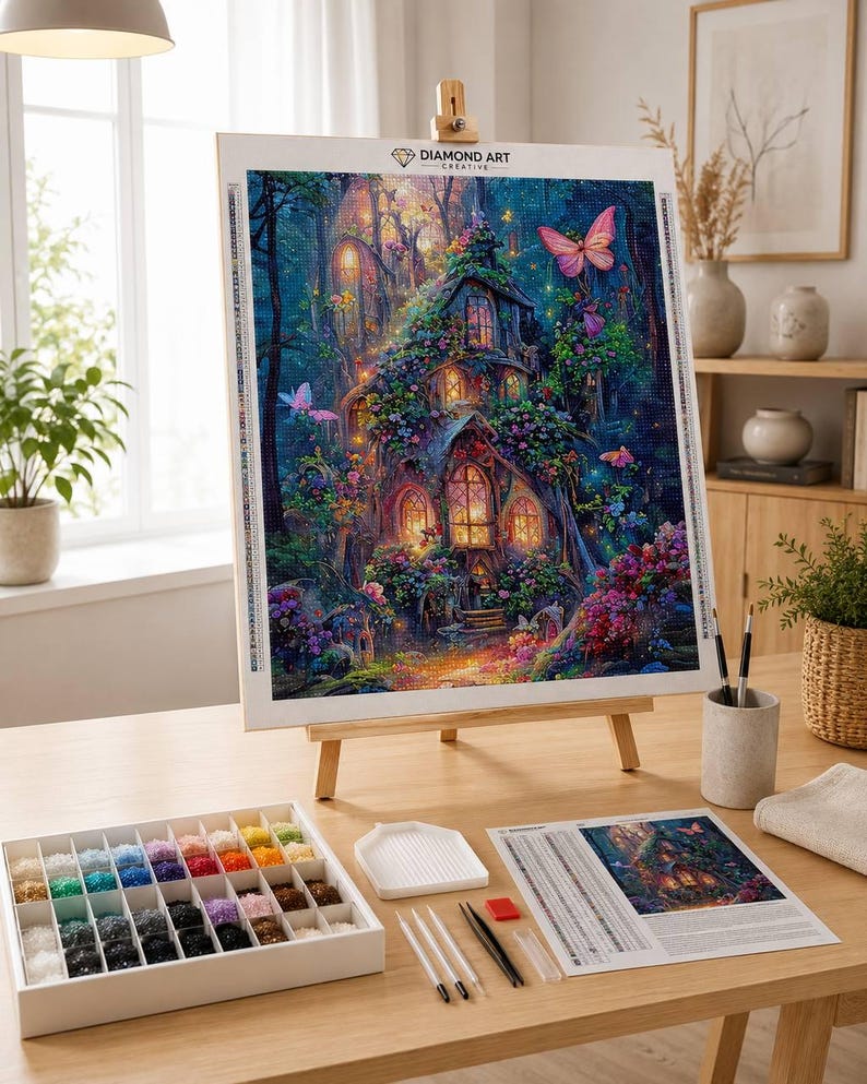 May include: A diamond art kit featuring a canvas on a wooden easel displaying a fantasy cottage in a forest with butterflies, flowers, and glowing windows. Includes a white tray, a multi-compartment storage box with colorful beads, and tools.
