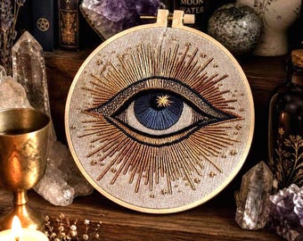 Cuadro decorativo de pared con bordado del Ojo Turco, estilo bohemio neutro, tapiz minimalista de lino, arte de protección espiritual, regalo para la decoración estética de la habitación.