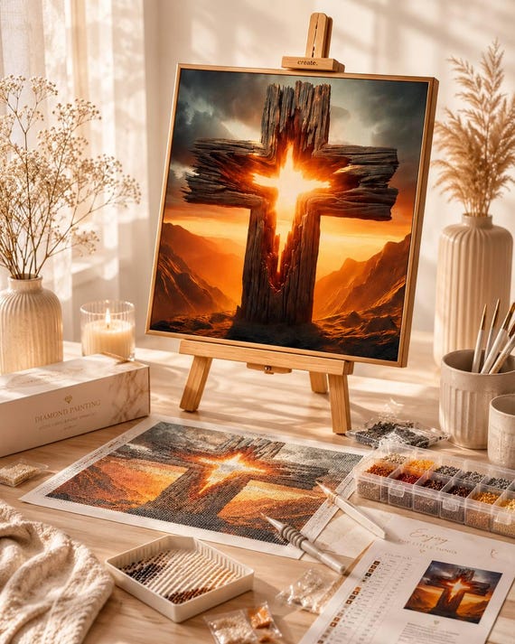 Christian Cross Diamond Painting Kit – Religious DIY Diamond Art Kit Cross Sunset – Faith Inspired Wall Decor – Gift for Christians