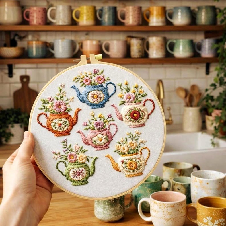 Kit de bordado de tetera floral para principiantes, juego de bordado a mano preimpreso de 20 cm, regalo para amantes del té con estilo cottagecore, envío el mismo día. imagen 1