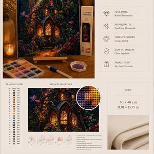 May include: A diamond painting kit titled Enchanted Cottage featuring a 30 x 40 cm canvas, round drills, applicator pen, tray, wax pad, and tweezers. The kit includes a color-coded diamond chart, instructions, and a box for a 11.81 x 15.75 in project.