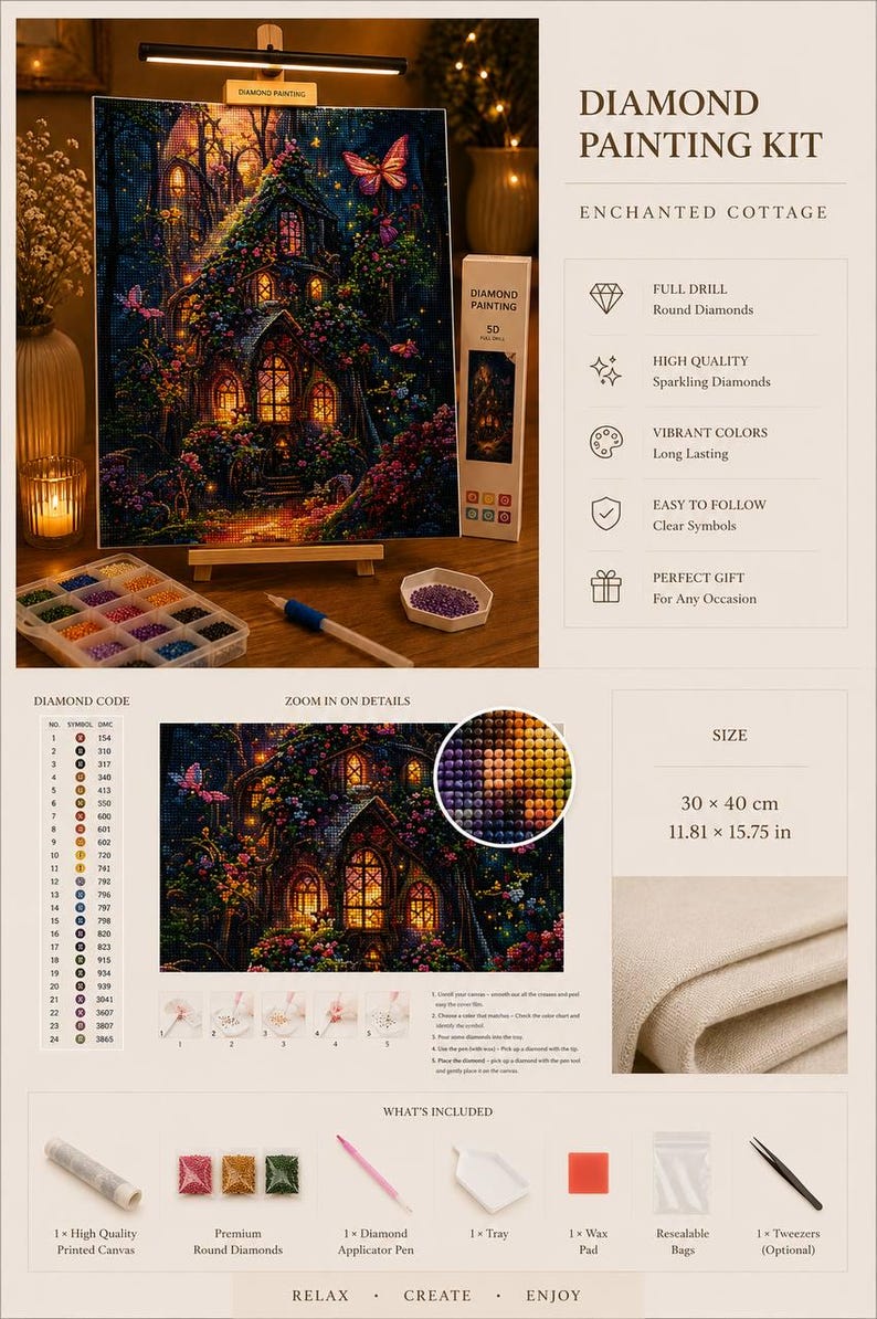May include: A diamond painting kit titled Enchanted Cottage featuring a 30 x 40 cm canvas, round drills, applicator pen, tray, wax pad, and tweezers. The kit includes a color-coded diamond chart, instructions, and a box for a 11.81 x 15.75 in project.