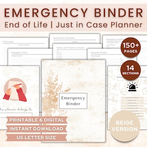 以下が含まれることがあります： ベージュの印刷可能なデジタル緊急バインダー。150ページ以上と14セクションがあります。バインダーには、緊急計画、連絡先情報、書類のセクションが含まれています。表紙は水彩画のデザインで、茶色の長方形に「Emergency Binder」というテキストが書かれています。