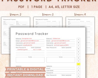 Password Tracker Printable, Password Keeper, Digital Password Organizer, Printable A4/A5/Letter Planner Inserts, Instant Download PDF