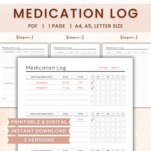 Medication Log Printable, Medical Tracker, Chronic Illness, Pill Organizer, Caregiver Checklist, Vitamins PDF, A5 Planner Inserts, A4