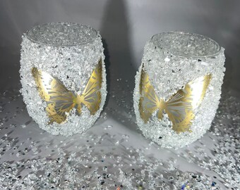 Portacandele in vetro bling farfalla