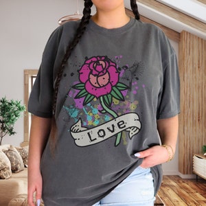 Rose Tattoo Comfort Colors® Tshirt, Love tattoo banner, cute shirt for her, faded worn print vintage retro style shirt