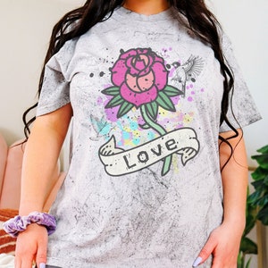 Rose Tattoo Comfort Colors® Tshirt, Love tattoo banner, cute shirt for her, faded worn print vintage retro style shirt