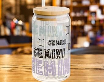 Gemini Zodiac Clear Can Glass 16oz Cup, Bamboo Lid and