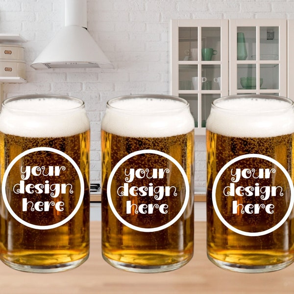 Beer Can Glass 16 0z Digital mock up, full beer glass in modern kitchen setting, glass can image for beer glass listings