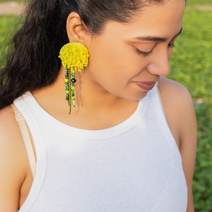 A bright Yellow Dandelion Earrings with Citrine crystal , Statement Earrings , Big Casual Earrings for Everyday Wear image 3