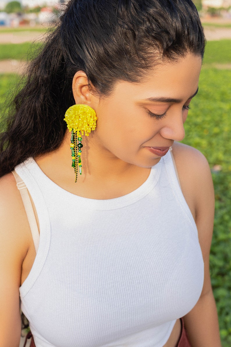 A bright Yellow Dandelion Earrings with Citrine crystal , Statement Earrings , Big Casual Earrings for Everyday Wear image 3