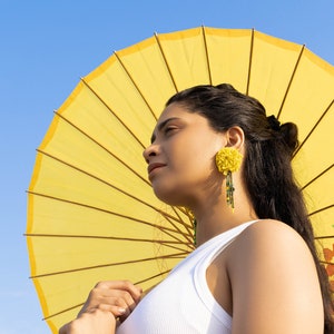 A bright Yellow Dandelion Earrings with Citrine crystal , Statement Earrings , Big Casual Earrings for Everyday Wear image 2