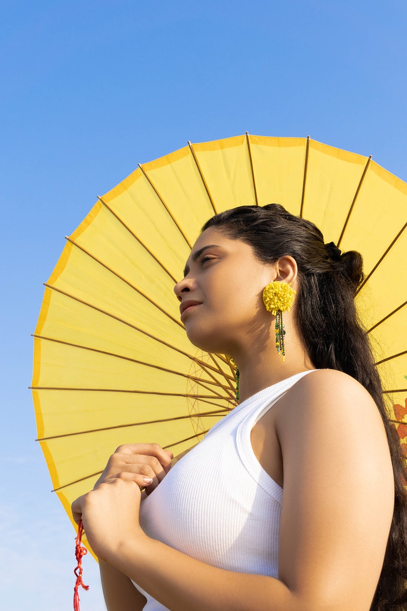 A bright Yellow Dandelion Earrings with Citrine crystal , Statement Earrings , Big Casual Earrings for Everyday Wear image 2