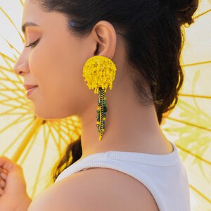 A bright Yellow Dandelion Earrings with Citrine crystal , Statement Earrings , Big Casual Earrings for Everyday Wear image 1